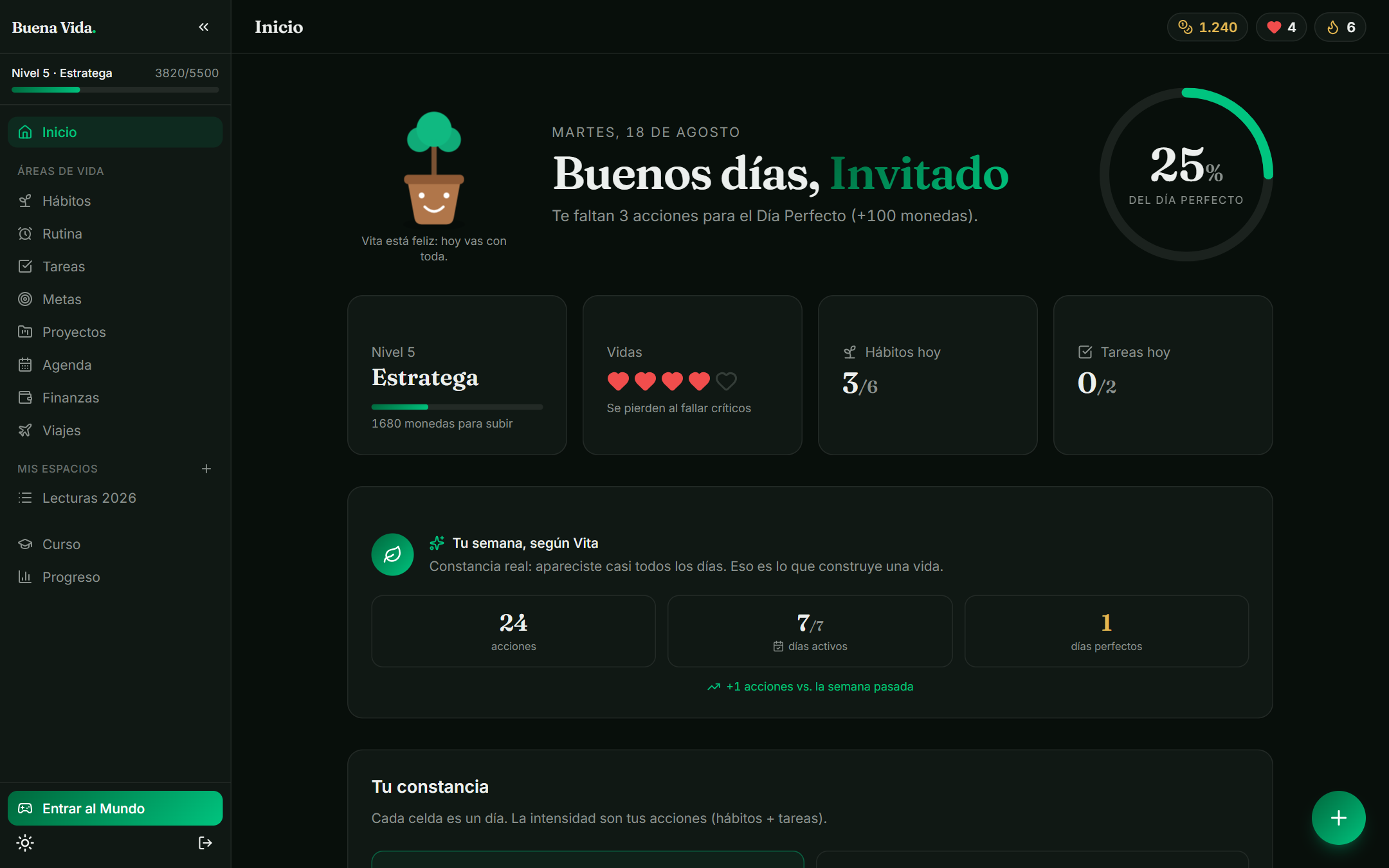 Panel principal de Protocolo de la Buena Vida
